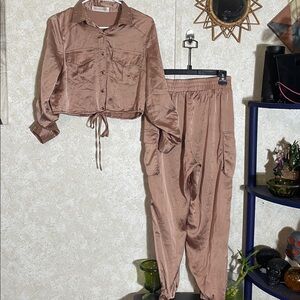 Tags Boutique Brown Satin Two-Piece Set Size M